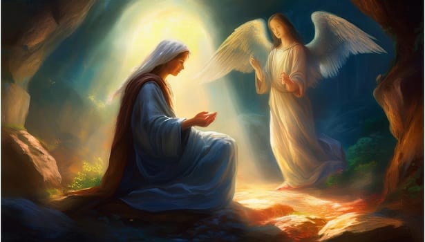 Mary comes to the empty tomb of the Risen Savior Jesus Christ and sees angel . High quality image