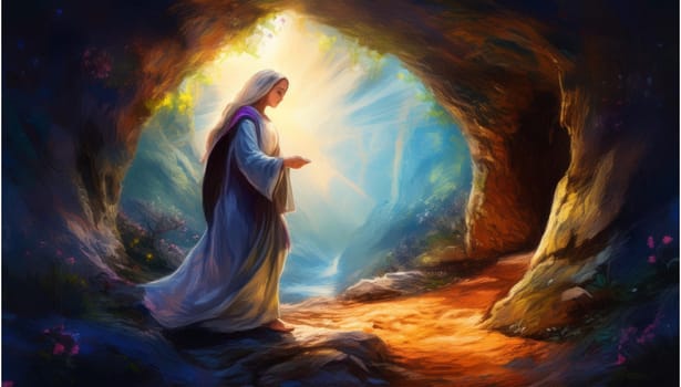 Mary comes to the empty tomb of the Risen Savior Jesus Christ and sees angel . High quality image
