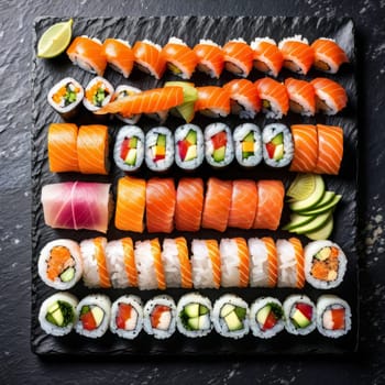 Elegant sushi spread with an array of flavors, including salmon, tuna, and vegetable rolls. Great for food photography, showcasing the artistry of sushi-making and inviting viewers to indulge