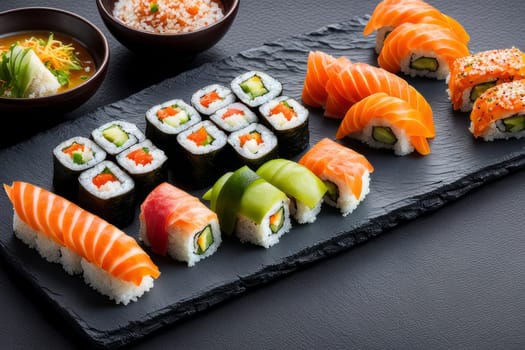 Elegant sushi spread with an array of flavors, including salmon, tuna, and vegetable rolls. Great for food photography, showcasing the artistry of sushi-making and inviting viewers to indulge