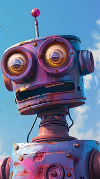 A cartoon robot with big eyes is standing in front of a blue sky, illuminated by automotive lighting. The sky is a vibrant electric blue with hints of purple and red, dotted with fluffy clouds
