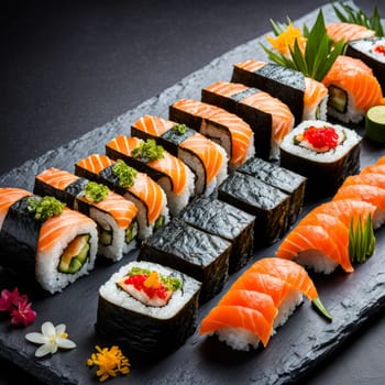 Elegant sushi spread with an array of flavors, including salmon, tuna, and vegetable rolls. Great for food photography, showcasing the artistry of sushi-making and inviting viewers to indulge