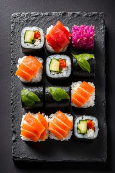 Elegant sushi spread with an array of flavors, including salmon, tuna, and vegetable rolls. Great for food photography, showcasing the artistry of sushi-making and inviting viewers to indulge
