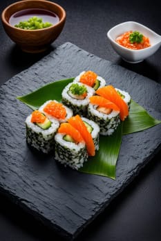 Elegant sushi spread with an array of flavors, including salmon, tuna, and vegetable rolls. Great for food photography, showcasing the artistry of sushi-making and inviting viewers to indulge