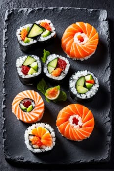 Elegant sushi spread with an array of flavors, including salmon, tuna, and vegetable rolls. Great for food photography, showcasing the artistry of sushi-making and inviting viewers to indulge