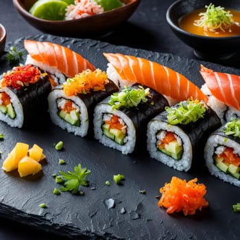 Elegant sushi spread with an array of flavors, including salmon, tuna, and vegetable rolls. Great for food photography, showcasing the artistry of sushi-making and inviting viewers to indulge