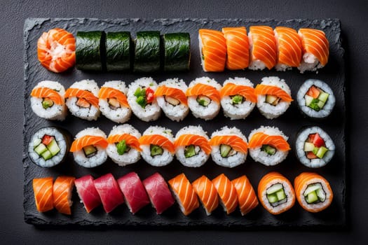 Elegant sushi spread with an array of flavors, including salmon, tuna, and vegetable rolls. Great for food photography, showcasing the artistry of sushi-making and inviting viewers to indulge