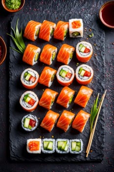Elegant sushi spread with an array of flavors, including salmon, tuna, and vegetable rolls. Great for food photography, showcasing the artistry of sushi-making and inviting viewers to indulge