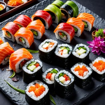 Elegant sushi spread with an array of flavors, including salmon, tuna, and vegetable rolls. Great for food photography, showcasing the artistry of sushi-making and inviting viewers to indulge