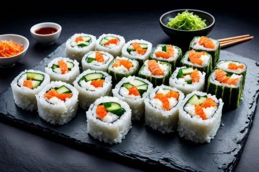 Elegant sushi spread with an array of flavors, including salmon, tuna, and vegetable rolls. Great for food photography, showcasing the artistry of sushi-making and inviting viewers to indulge
