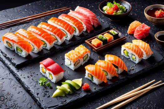 Elegant sushi spread with an array of flavors, including salmon, tuna, and vegetable rolls. Great for food photography, showcasing the artistry of sushi-making and inviting viewers to indulge