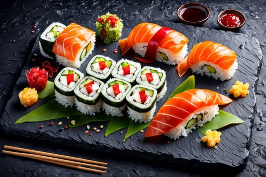 Elegant sushi spread with an array of flavors, including salmon, tuna, and vegetable rolls. Great for food photography, showcasing the artistry of sushi-making and inviting viewers to indulge