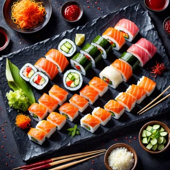 Elegant sushi spread with an array of flavors, including salmon, tuna, and vegetable rolls. Great for food photography, showcasing the artistry of sushi-making and inviting viewers to indulge
