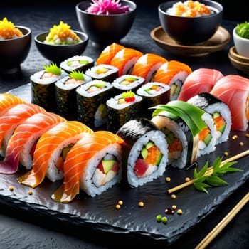 Elegant sushi spread with an array of flavors, including salmon, tuna, and vegetable rolls. Great for food photography, showcasing the artistry of sushi-making and inviting viewers to indulge