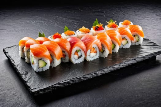 Elegant sushi spread with an array of flavors, including salmon, tuna, and vegetable rolls. Great for food photography, showcasing the artistry of sushi-making and inviting viewers to indulge