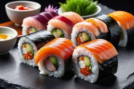 Elegant sushi spread with an array of flavors, including salmon, tuna, and vegetable rolls. Great for food photography, showcasing the artistry of sushi-making and inviting viewers to indulge