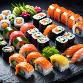 Elegant sushi spread with an array of flavors, including salmon, tuna, and vegetable rolls. Great for food photography, showcasing the artistry of sushi-making and inviting viewers to indulge