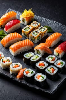 Elegant sushi spread with an array of flavors, including salmon, tuna, and vegetable rolls. Great for food photography, showcasing the artistry of sushi-making and inviting viewers to indulge