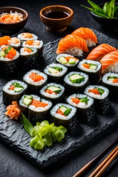 Elegant sushi spread with an array of flavors, including salmon, tuna, and vegetable rolls. Great for food photography, showcasing the artistry of sushi-making and inviting viewers to indulge