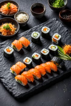 Elegant sushi spread with an array of flavors, including salmon, tuna, and vegetable rolls. Great for food photography, showcasing the artistry of sushi-making and inviting viewers to indulge