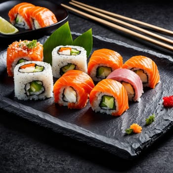 Elegant sushi spread with an array of flavors, including salmon, tuna, and vegetable rolls. Great for food photography, showcasing the artistry of sushi-making and inviting viewers to indulge
