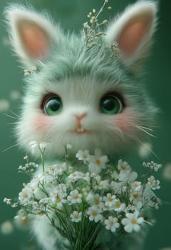 Illustration of a rabbit holding a bouquet of white flowers. Selective focus.