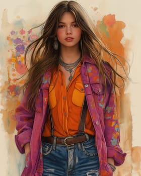 Watercolor illustration of a young woman in elegant clothing. Selective focus.