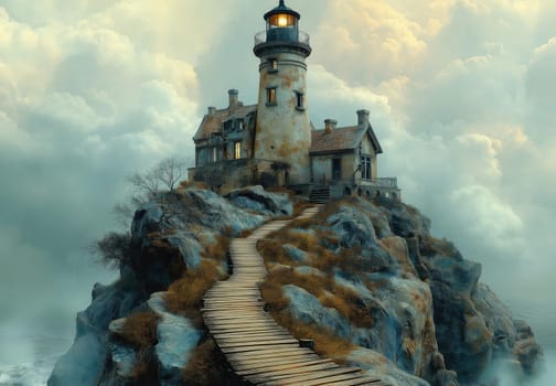 Illustration, a path to a lighthouse on a rocky island. Selective focus.