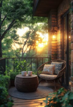 Spring morning on the balcony with a cup of coffee. Selective focus.