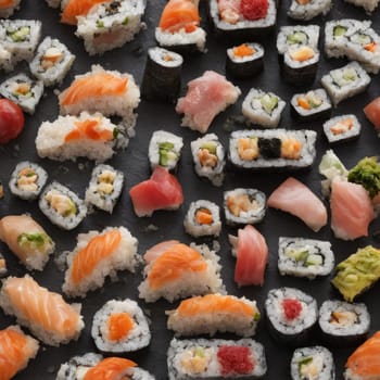 Elegant sushi spread with an array of flavors, including salmon, tuna, and vegetable rolls. Great for food photography, showcasing the artistry of sushi-making and inviting viewers to indulge