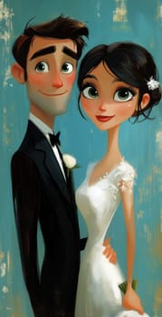 A cartoon illustration of a bride and groom on a blue background. Selective focus.
