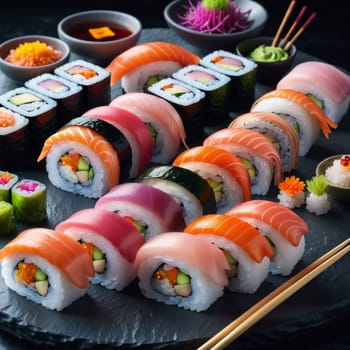 Elegant sushi spread with an array of flavors, including salmon, tuna, and vegetable rolls. Great for food photography, showcasing the artistry of sushi-making and inviting viewers to indulge
