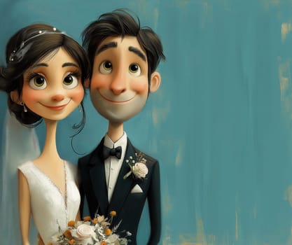 A cartoon illustration of a bride and groom on a blue background. Selective focus.