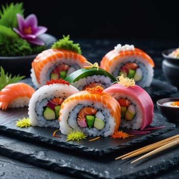 Elegant sushi spread with an array of flavors, including salmon, tuna, and vegetable rolls. Great for food photography, showcasing the artistry of sushi-making and inviting viewers to indulge