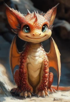 ..Cartoon cute dragon on a blurred background. Selective focus.