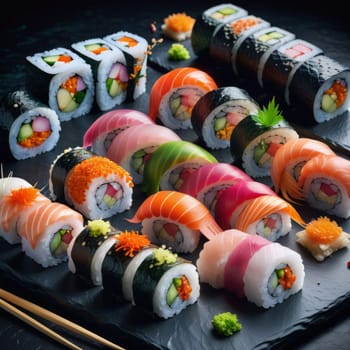 Elegant sushi spread with an array of flavors, including salmon, tuna, and vegetable rolls. Great for food photography, showcasing the artistry of sushi-making and inviting viewers to indulge