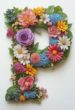 The letter P of colorful flowers on a white background. Selective focus.