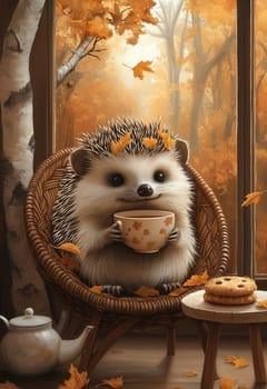 Autumn illustration, hedgehog in a wicker chair drinking tea. Selective focus.