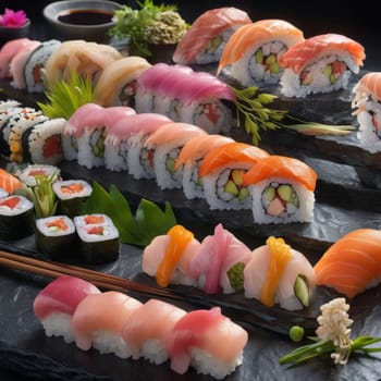 Elegant sushi spread with an array of flavors, including salmon, tuna, and vegetable rolls. Great for food photography, showcasing the artistry of sushi-making and inviting viewers to indulge