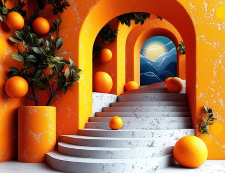 A staircase with arches in an orange theme with balls and greenery. Selective focus.