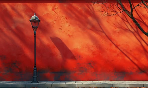 A street lamp stands near a red wall. Selective focus.