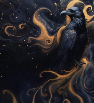 A black raven on an abstract textured background. Selective focus.