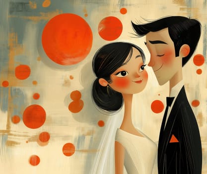 A cartoon illustration of a bride and groom on a cream background. Selective focus.