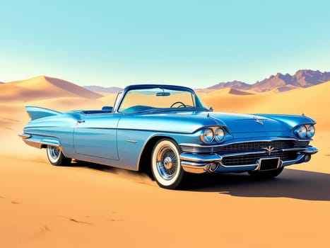 Turquoise Cadillac Eldorado Biarritz convertible speeding through a vast desert landscape, showcasing classic elegance and retro charm. Ai generated