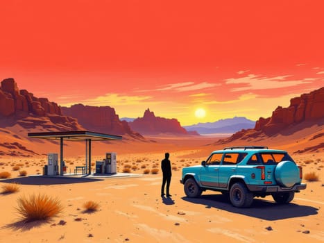 Traveler looking at sunset in Monument Valley next to gas station and offroad vehicle, digital illustration. Ai generated