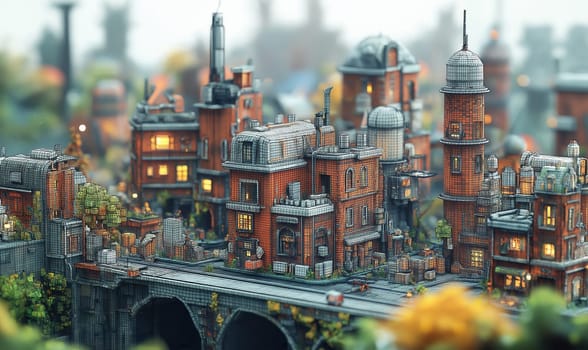 Thumbnail model of a cityscape in pixels. Selective focus.