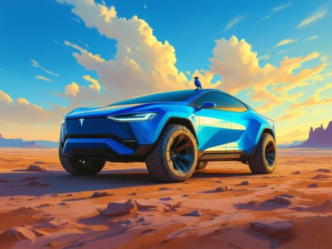 Futuristic blue Tesla Cybertruck parked on the desert sand of Monument Valley at sunset, with a blue bird resting on its roof. Ai generated
