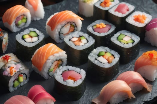 Elegant sushi spread with an array of flavors, including salmon, tuna, and vegetable rolls. Great for food photography, showcasing the artistry of sushi-making and inviting viewers to indulge