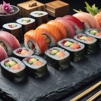 Elegant sushi spread with an array of flavors, including salmon, tuna, and vegetable rolls. Great for food photography, showcasing the artistry of sushi-making and inviting viewers to indulge