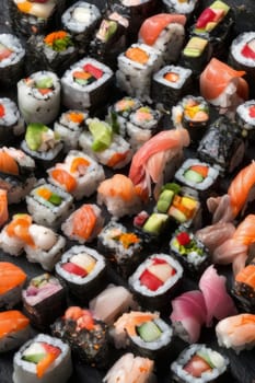 Elegant sushi spread with an array of flavors, including salmon, tuna, and vegetable rolls. Great for food photography, showcasing the artistry of sushi-making and inviting viewers to indulge